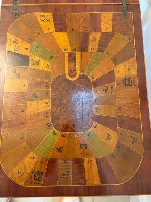ANTIQUE EDWARDIAN INLAID FOLDING GAMELAMP TABLE FEATURING THE ROYAL AND PLEASANT GAME OF GOOSE - ADDITIONAL PHOTO 2