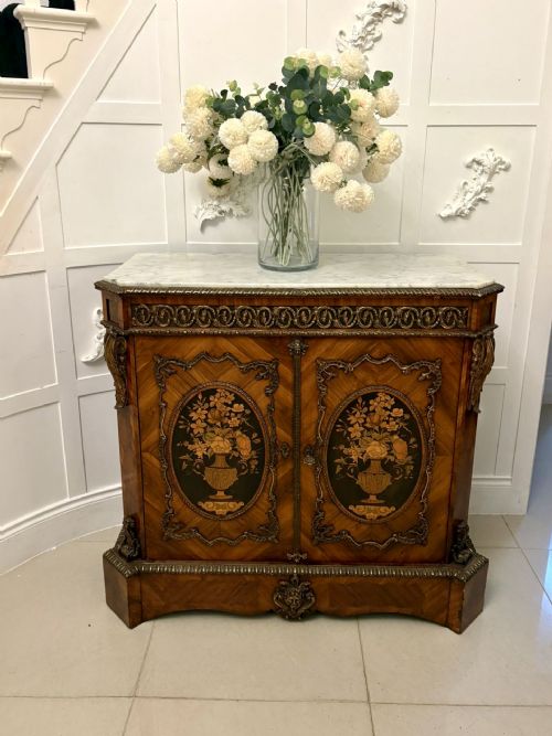 EXCEPTIONAL QUALITY ANTIQUE FRENCH LOUIS XVI STYLE MARBLETOP SIDE CABINET - ADDITIONAL PHOTO 1