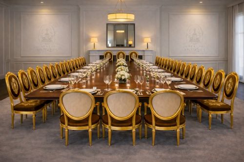 LARGE RARE SUITE OF 42 MATCHING LOUIS XVI STYLE GILTWOOD DINING CHAIRS WITH SILK DAMASK UPHOLSTERY - ADDITIONAL PHOTO 1