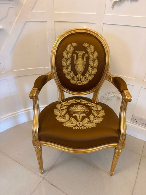 LARGE RARE SUITE OF 42 MATCHING LOUIS XVI STYLE GILTWOOD DINING CHAIRS WITH SILK DAMASK UPHOLSTERY - ADDITIONAL PHOTO 3