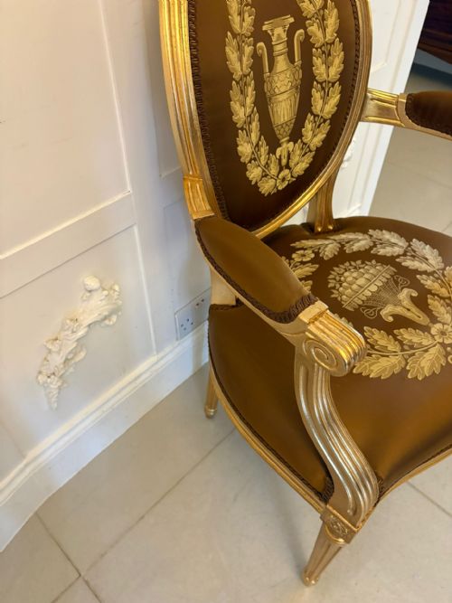 LARGE RARE SUITE OF 42 MATCHING LOUIS XVI STYLE GILTWOOD DINING CHAIRS WITH SILK DAMASK UPHOLSTERY - ADDITIONAL PHOTO 5