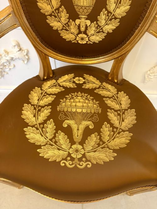 LARGE RARE SUITE OF 42 MATCHING LOUIS XVI STYLE GILTWOOD DINING CHAIRS WITH SILK DAMASK UPHOLSTERY - ADDITIONAL PHOTO 9
