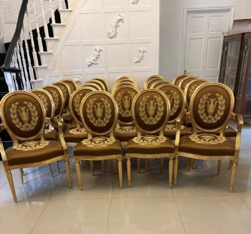 LARGE RARE SUITE OF 42 MATCHING LOUIS XVI STYLE GILTWOOD DINING CHAIRS WITH SILK DAMASK UPHOLSTERY - ADDITIONAL PHOTO 26