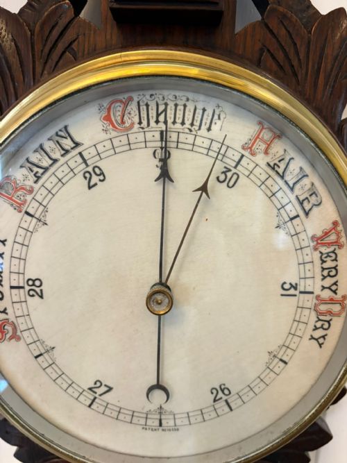 ANTIQUE CARVED OAK ANEROID BAROMETER WITH THERMOMETER - ADDITIONAL PHOTO 1