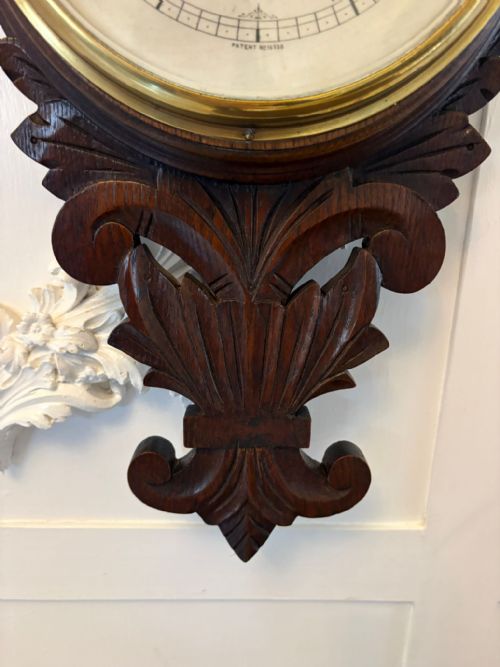 ANTIQUE CARVED OAK ANEROID BAROMETER WITH THERMOMETER - ADDITIONAL PHOTO 2