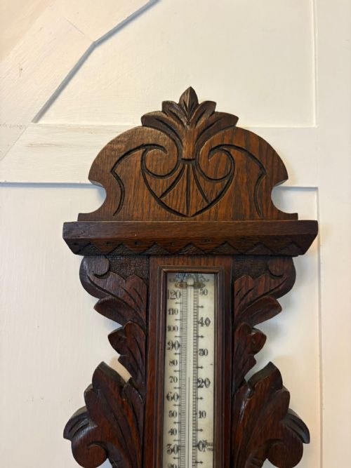ANTIQUE CARVED OAK ANEROID BAROMETER WITH THERMOMETER - ADDITIONAL PHOTO 3