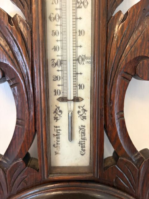 ANTIQUE CARVED OAK ANEROID BAROMETER WITH THERMOMETER - ADDITIONAL PHOTO 4