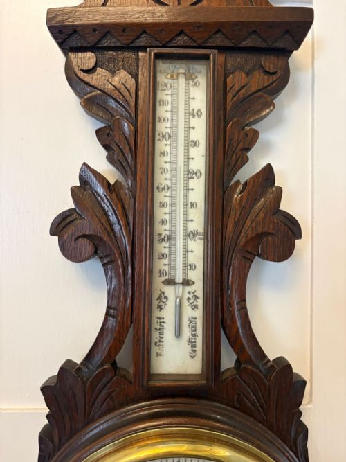 ANTIQUE CARVED OAK ANEROID BAROMETER WITH THERMOMETER - ADDITIONAL PHOTO 5