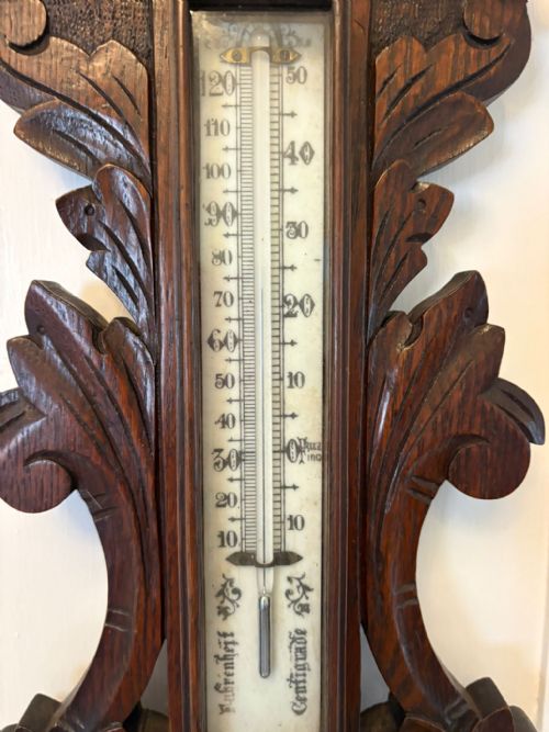 ANTIQUE CARVED OAK ANEROID BAROMETER WITH THERMOMETER - ADDITIONAL PHOTO 6