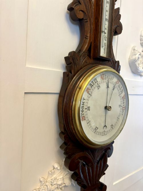 ANTIQUE CARVED OAK ANEROID BAROMETER WITH THERMOMETER - ADDITIONAL PHOTO 7