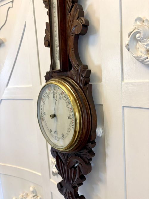 ANTIQUE CARVED OAK ANEROID BAROMETER WITH THERMOMETER - ADDITIONAL PHOTO 8