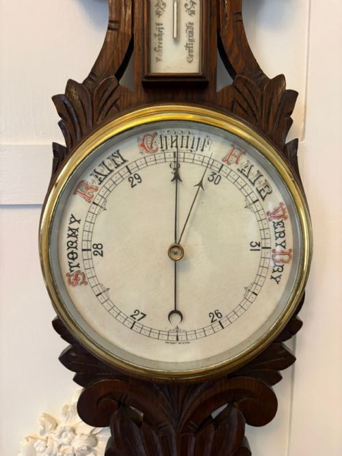 ANTIQUE CARVED OAK ANEROID BAROMETER WITH THERMOMETER - ADDITIONAL PHOTO 9