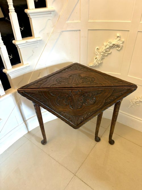 ANTIQUE RARE GEORGE III CARVED MAHOGANY FOLDING CORNER TABLE - ADDITIONAL PHOTO 4