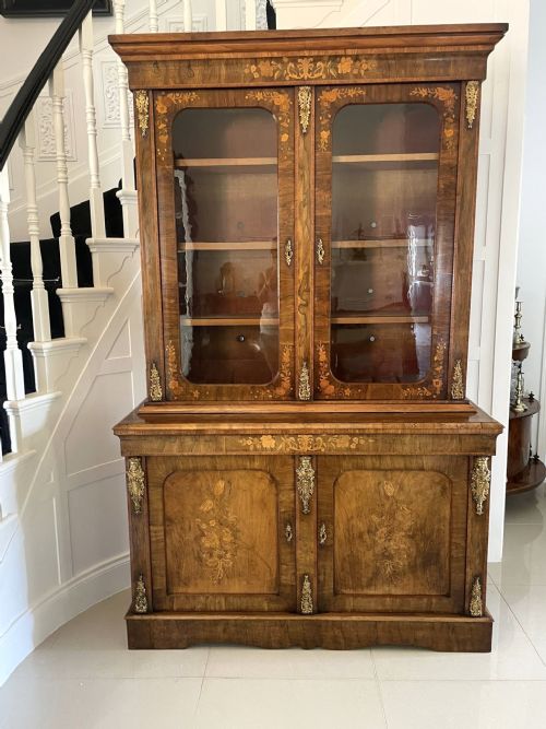 OUTSTANDING QUALITY ANTIQUE VICTORIAN BURR WALNUT MARQUETRY INLAID ORMOLU MOUNTED BOOKCASE CABINET