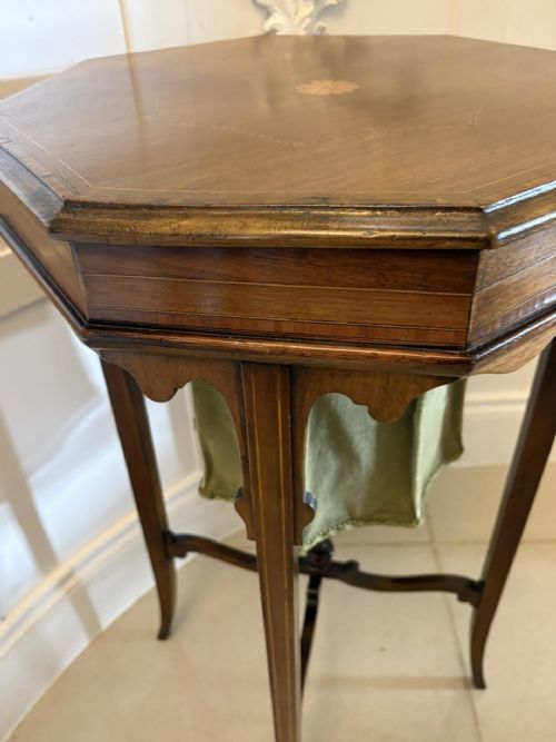 ANTIQUE EDWARDIAN INLAID MAHOGANY OCTAGONAL WORK LAMP TABLE SEWING TABLE WITH SILK BASKET - ADDITIONAL PHOTO 4