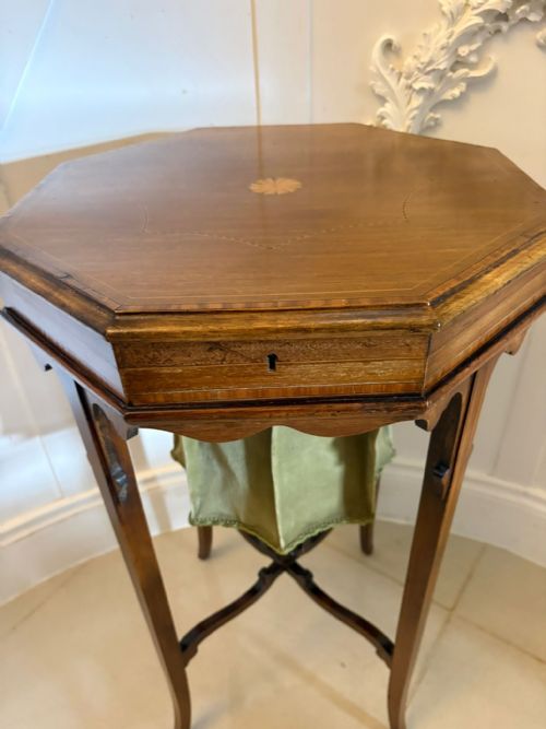 ANTIQUE EDWARDIAN INLAID MAHOGANY OCTAGONAL WORK LAMP TABLE SEWING TABLE WITH SILK BASKET - ADDITIONAL PHOTO 6