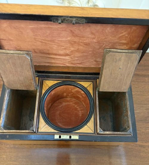 ANTIQUE GEORGIAN SATINWOOD TEA CADDY BOX WITH ORIGINAL GLASS BOWL AND MIXING STICK - ADDITIONAL PHOTO 1