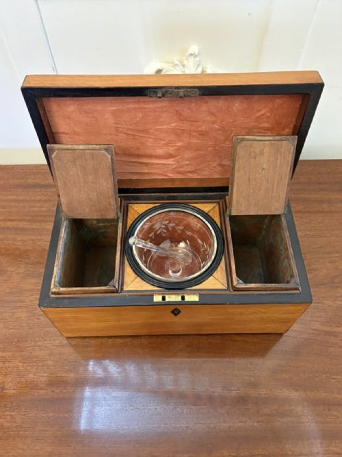 ANTIQUE GEORGIAN SATINWOOD TEA CADDY BOX WITH ORIGINAL GLASS BOWL AND MIXING STICK - ADDITIONAL PHOTO 3