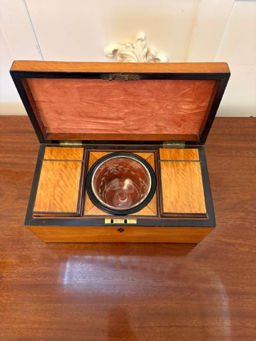 ANTIQUE GEORGIAN SATINWOOD TEA CADDY BOX WITH ORIGINAL GLASS BOWL AND MIXING STICK - ADDITIONAL PHOTO 5