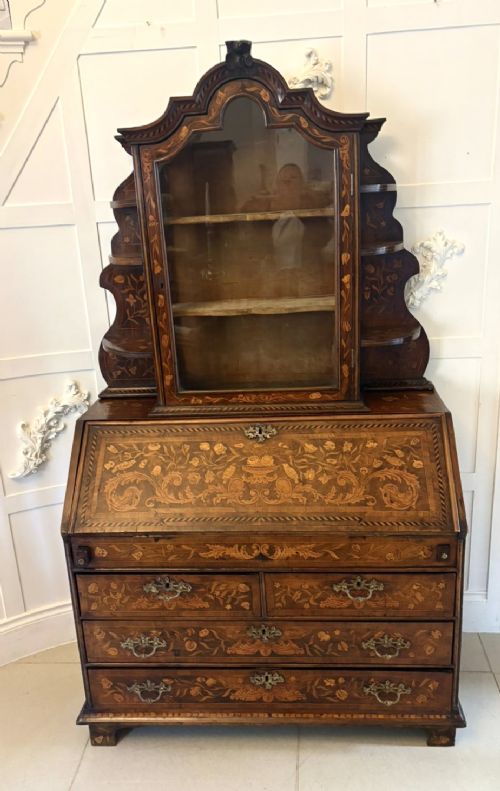 ANTIQUE DUTCH MARQUETRY WALNUT BUREAU BOOKCASE DESK CABINET