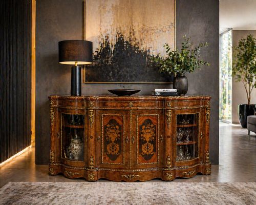 ANTIQUE EXCEPTIONAL 4 DOOR SERPENTINE MARQUETRY CREDENZA EXHIBITION QUALITY - ADDITIONAL PHOTO 1