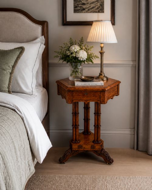 fig 1. An antique hexagonal pollard oak side table featuring a lift-top lid, ring-turned column supports, and a carved tripartite base with castors.