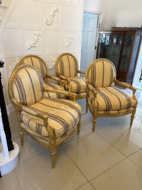 ANTIQUE FRENCH GILTWOOD BERGRE ARMCHAIRS SET OF 4 LOUIS XVI STYLE SALON CHAIRS - ADDITIONAL PHOTO 2