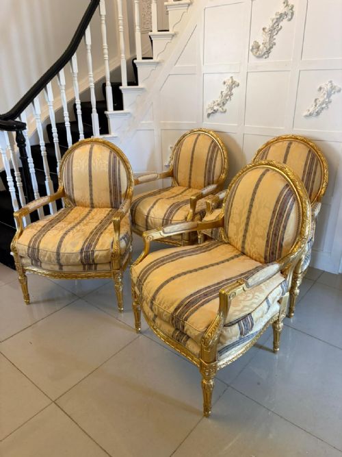 ANTIQUE FRENCH GILTWOOD BERGRE ARMCHAIRS SET OF 4 LOUIS XVI STYLE SALON CHAIRS - ADDITIONAL PHOTO 3