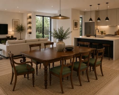 fig 1. A set of eight antique Regency mahogany dining chairs featuring green velvet upholstery, turned front legs, and two scroll arm carvers.