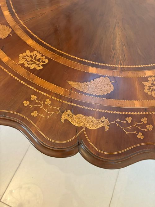 ANTIQUE EXHIBITION QUALITY IRISH KILLARNEY MARQUETRY INLAID YEW WOOD CENTRE TABLE LARGE ROUND ENTRY HALL TABLE ATTRIBUTED TO THE EGAN WORKSHOP - ADDITIONAL PHOTO 5