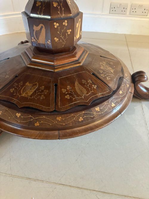 ANTIQUE EXHIBITION QUALITY IRISH KILLARNEY MARQUETRY INLAID YEW WOOD CENTRE TABLE LARGE ROUND ENTRY HALL TABLE ATTRIBUTED TO THE EGAN WORKSHOP - ADDITIONAL PHOTO 11