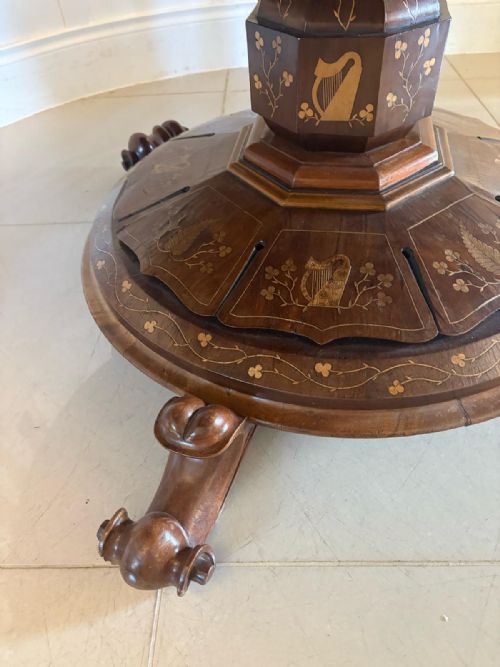 ANTIQUE EXHIBITION QUALITY IRISH KILLARNEY MARQUETRY INLAID YEW WOOD CENTRE TABLE LARGE ROUND ENTRY HALL TABLE ATTRIBUTED TO THE EGAN WORKSHOP - ADDITIONAL PHOTO 15