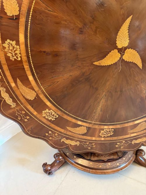 ANTIQUE EXHIBITION QUALITY IRISH KILLARNEY MARQUETRY INLAID YEW WOOD CENTRE TABLE LARGE ROUND ENTRY HALL TABLE ATTRIBUTED TO THE EGAN WORKSHOP - ADDITIONAL PHOTO 19