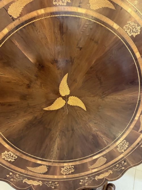ANTIQUE EXHIBITION QUALITY IRISH KILLARNEY MARQUETRY INLAID YEW WOOD CENTRE TABLE LARGE ROUND ENTRY HALL TABLE ATTRIBUTED TO THE EGAN WORKSHOP - ADDITIONAL PHOTO 24