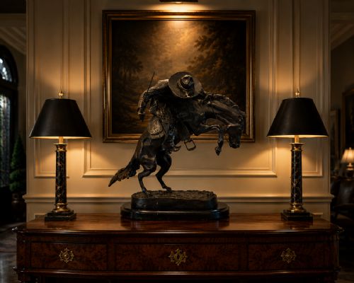 fig 1. A dark patinated bronze sculpture depicting a cowboy wearing a hat atop a bucking horse on an oval base.