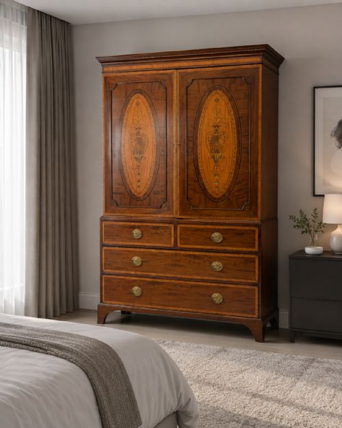 fig 1. An antique Georgian mahogany linen press featuring oval satinwood inlay motifs on two upper doors above four drawers with brass handles.