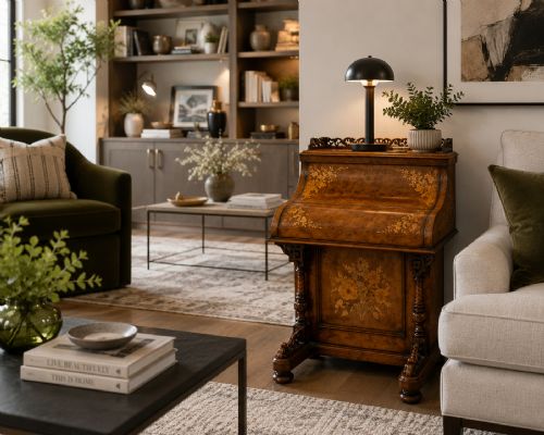 fig 1. An antique Victorian burr walnut piano top Davenport desk featuring intricate floral marquetry, side drawers, and carved supports.