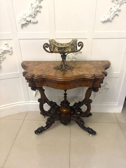 ANTIQUE EXCEPTIONAL QUALITY VICTORIAN BURR WALNUT CARD TABLECONSOLE TABLE WITH CARVED BASKET BASE - ADDITIONAL PHOTO 3