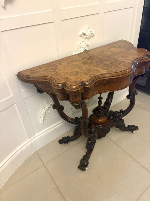 ANTIQUE EXCEPTIONAL QUALITY VICTORIAN BURR WALNUT CARD TABLECONSOLE TABLE WITH CARVED BASKET BASE - ADDITIONAL PHOTO 4