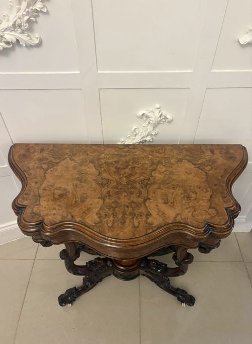 ANTIQUE EXCEPTIONAL QUALITY VICTORIAN BURR WALNUT CARD TABLECONSOLE TABLE WITH CARVED BASKET BASE - ADDITIONAL PHOTO 13