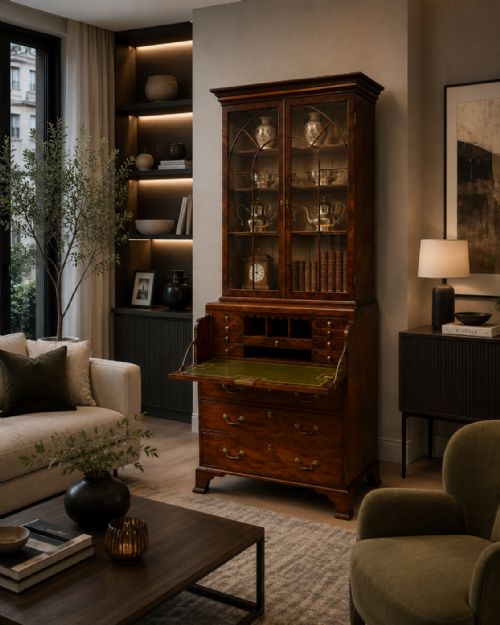 fig 1. A Georgian mahogany secretaire bookcase featuring an upper two-door astragal glazed cabinet set over a lower chest of five drawers with brass swan-neck handles.