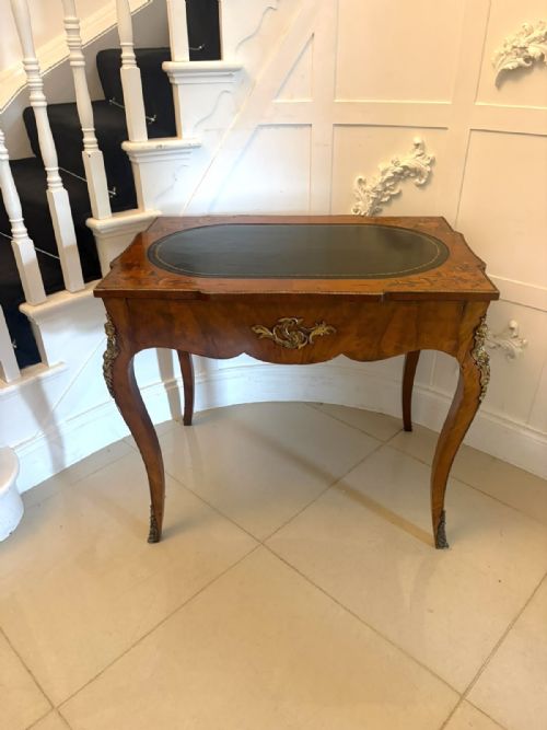 ANTIQUE FRENCH WALNUT MARQUETRY INLAID FREESTANDING WRITING DESK BUREAU PLAT LEATHER TOP