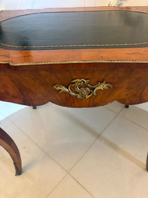 ANTIQUE FRENCH WALNUT MARQUETRY INLAID FREESTANDING WRITING DESK BUREAU PLAT LEATHER TOP - ADDITIONAL PHOTO 2