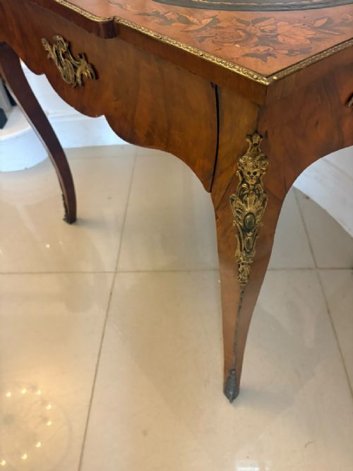 ANTIQUE FRENCH WALNUT MARQUETRY INLAID FREESTANDING WRITING DESK BUREAU PLAT LEATHER TOP - ADDITIONAL PHOTO 3