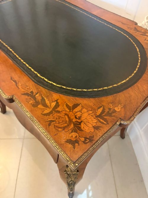 ANTIQUE FRENCH WALNUT MARQUETRY INLAID FREESTANDING WRITING DESK BUREAU PLAT LEATHER TOP - ADDITIONAL PHOTO 6