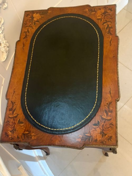 ANTIQUE FRENCH WALNUT MARQUETRY INLAID FREESTANDING WRITING DESK BUREAU PLAT LEATHER TOP - ADDITIONAL PHOTO 11