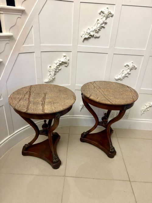 ANTIQUE EDWARDIAN QUALITY PAIR OF FRENCH MARBLETOP GUERIDON SIDE LAMP TABLES