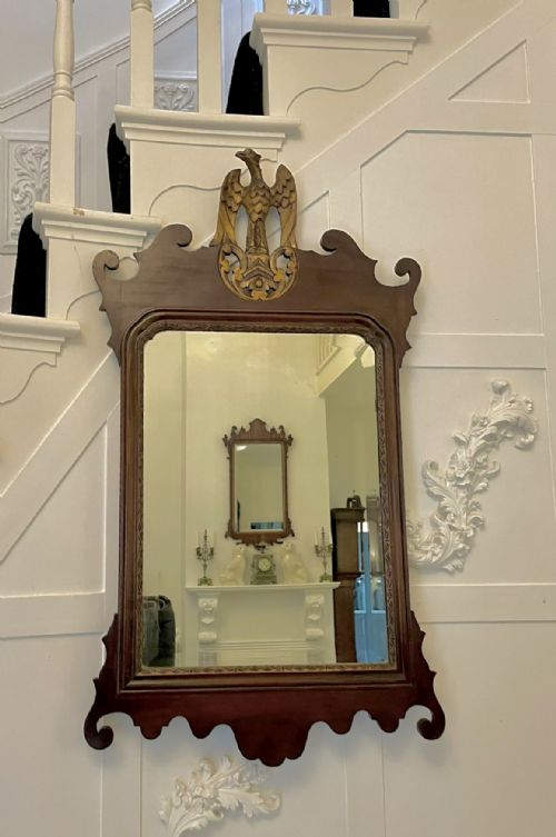 LARGE ANTIQUE EDWARDIAN INLAID AND GILT MAHOGANY FRETTED WALL MIRROR