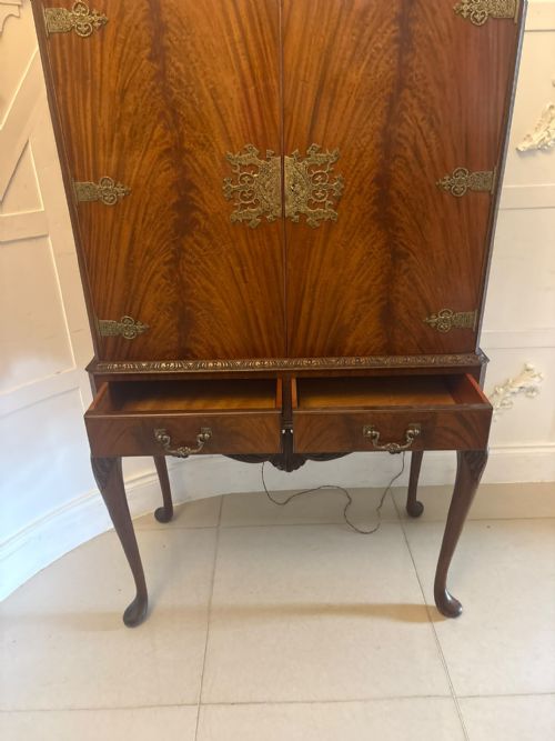 ANTIQUE FIGURED MAHOGANY ILLUMINATED COCKTAIL DRINKS CABINET ON STAND - ADDITIONAL PHOTO 2