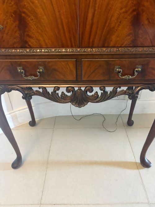 ANTIQUE FIGURED MAHOGANY ILLUMINATED COCKTAIL DRINKS CABINET ON STAND - ADDITIONAL PHOTO 6